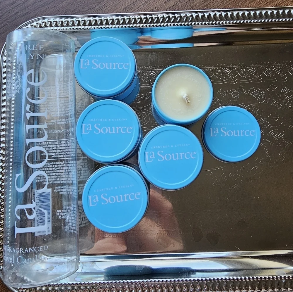 New Vintage Crabtree & Evelyn La Source Blue Travel Candle Set 5 Scented Candles